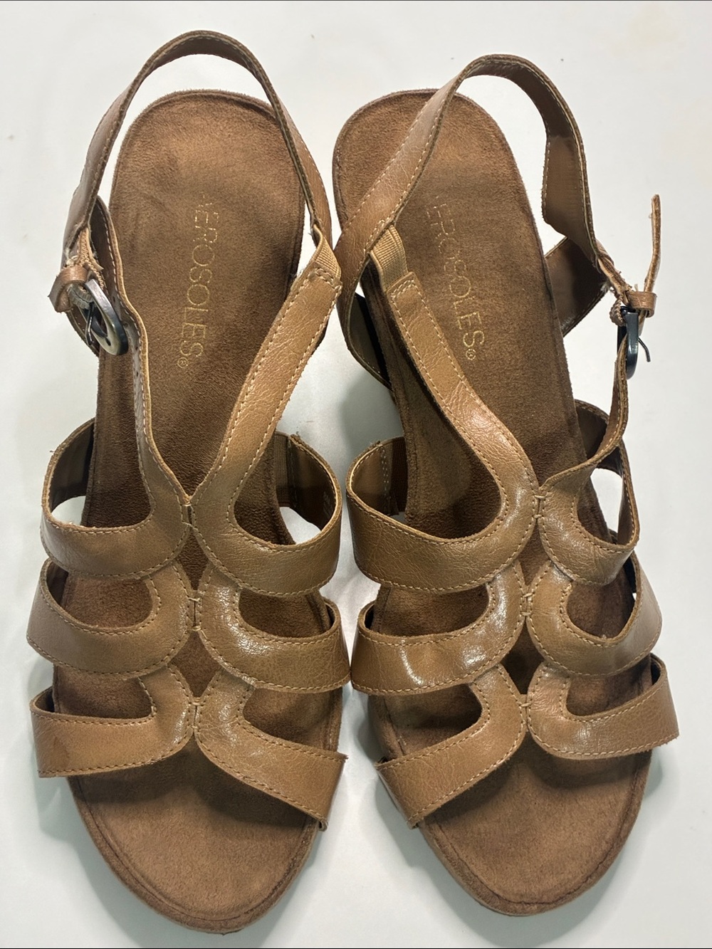 AEROSOLES Tan Multi-Strap Wedge Sandals